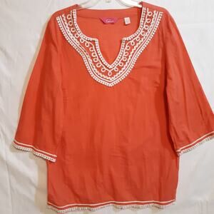 Pappagallo 3/4 sleeve Embroidered Boho Tunic Size XL in Coral